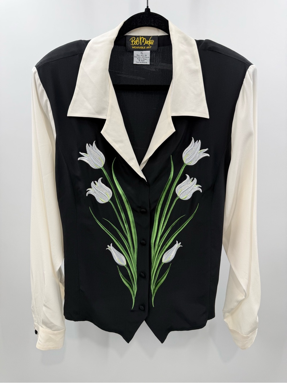 Bob Mackie Wearable Art 100% Silk Embroidered Floral Button Down Shirt XL